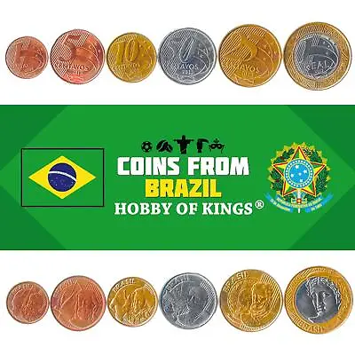 Set 6 Coins Brazil 1 5 10 25 50 Centavos 1 Real Brazilian Currency 1998 - 2021 • $9.92