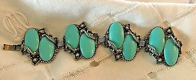 VINTAGE BRACELET ANTIQUED SILVERTONE Metal TURQUOISE COLOR OVAL BEAD 7.5  • $34.99