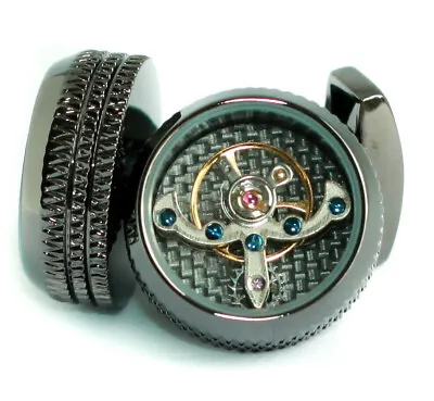 Cufflinks Watch Mechanism Tourbillon Black Steampunk Ridged Edge Mens Cuff Links • £24.95