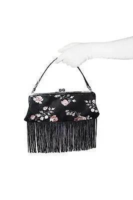Dolce & Gabbana Black Silk W/ Pink Embroidered Floral Print Fringe Evening Purse • $215