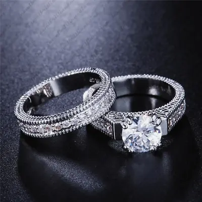 1.94Ctw 7.5mm Round Moissanite Bridal Set Engagement Ring 14K White Gold Plated • $188
