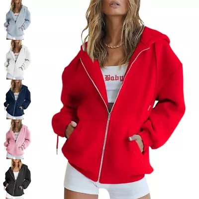 Womens Hoodies Solid Sweatshirt Ladies Loose Long Sleeve Zip Up  Pullover Tops • £13.79