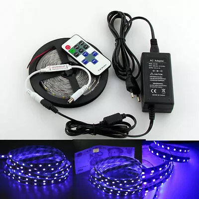 5m UV LED Flexible Strip 5050 SMD 395-405nm Black Light Lamp RF Remote DC Power • £3.41