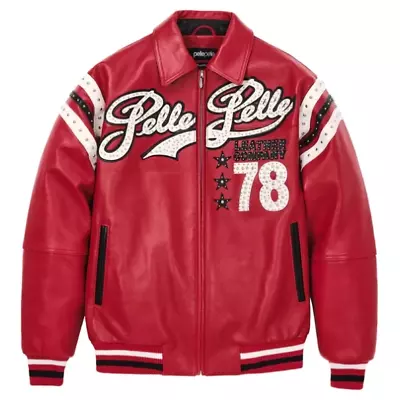 Pelle Pelle Encrusted Varsity Red Jacket | Plush Jacket Flight Leather Jacket • $235