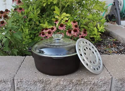 Unmarked Wagner Ware Cast Iron 5 Qt. Dutch Oven Trivet & Glass Lid - Sits Flat! • $99.99