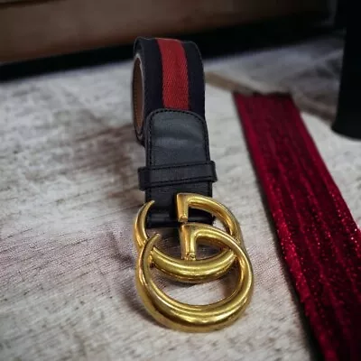 Gucci Men Belt Blue/red Band Cotton Gold Gg Logo Buckle Size 32 In • $345