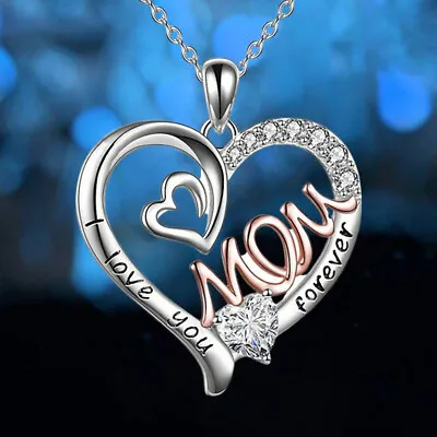 Rose Pink Mom Mothers Heart-Shaped Crystal I Love You Pendant Necklace Gift • £4.95