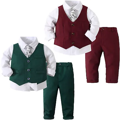 Baby Boys 3Pcs Formal Suit Set Shirt Vest Pants Bow Tie Tuxedo Gentleman Outfit • £9.99