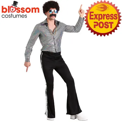 N366 Mens Disco Costume + Wig 1960s Fancy Dress Up Retro 1970s Hippie Outfit • $56.35