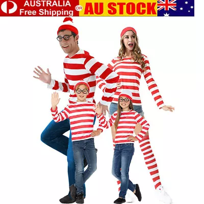 Wheres Wally Costume Cosplay Women Men Kids T-shirt Hat Glasses Socks XMAS Party • $26.33