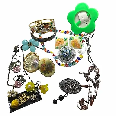 Costume Jewelry Lot Vintage Boho Metal Plastic Retro Cloisonne Flowers Butterfly • $29.98