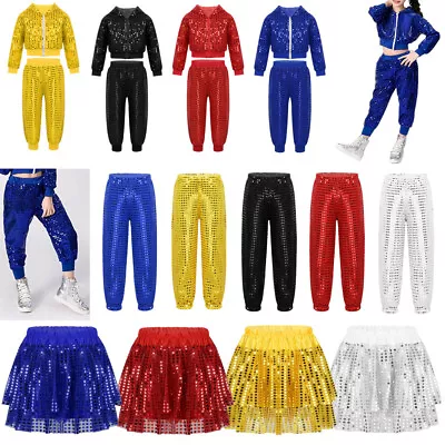 Kids Girl Modern Jazz Hip Hop Dance Clothes Sequins Hoodie Tops Pants Skirt Sets • $16.53