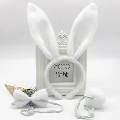 Rabbit Costume Set 3Pcs Bunny Sets Ears Headband Tail And Bow Easter Party White • £4.31