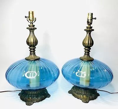 Pair Of Mid Century Modern Double Lighted Glass Orb Blue Vintage Lamps • $549