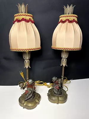 Vintage Heavy Brass Palm Tree Sitting Monkeys Table Lamps Monkey With Lamp Shade • $235