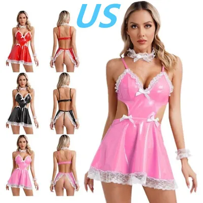 US Women's Sexy French Maid Costume Patent Leather Backless Anime Uniform Dress • $15.15