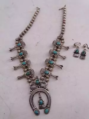 Vtg Sterling Silver Turquoise Navajo American Indian Squash Blossom Necklace Set • $380