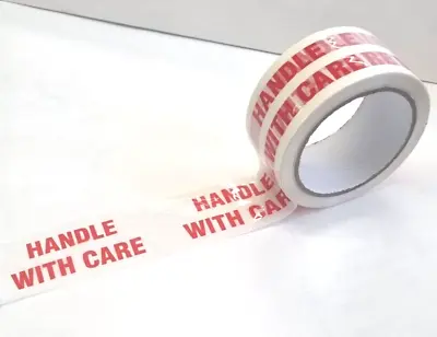 Low Noise Red And White 'Handle With Care' Polyprop Packaging Tape 50MM X 66M • £4.38