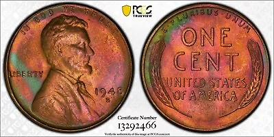 MS65RB 1948-S 1C Lincoln Wheat Cent PCGS Trueview- Rainbow Album Toned • $125