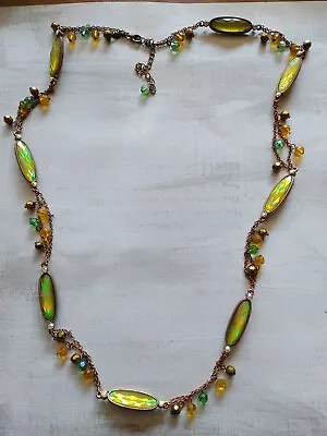 Vintage Necklace Copper Tone Metal Yellow Hologram Amber Glass Signed Chicos • £43.42