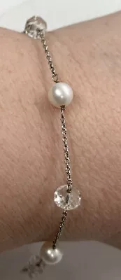 Vintage Sterling Silver Pearl & Clear Faceted Bead Bracelet 7.5  Signed • $4.99