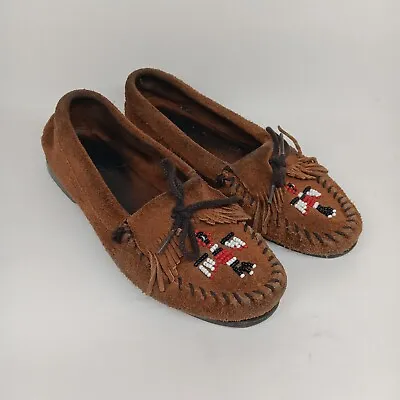 Minnetonka Shoes Womens 7 Thunderbird Slip On Moccasin Loafer Brown Suede • $22.99