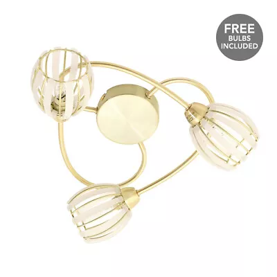 Litecraft Ceiling Light Semi Flush 3 Arm With Striped Shades & Free Bulbs - Gold • £28.99