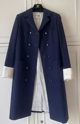 Genuine CHANEL Coat Rue Cambon Blue Cotton Double Breasted  Logo Buttons  Sz 38 • £695