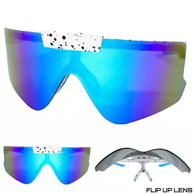 OVERSIZED Retro SPORTY WRAP AROUND Cycling Shield SUN GLASSES Blue Flip Up Lens • $14.99