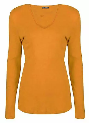 New Ladies Plain V Neck Long Sleeve Girls Stretchy Casual T-Shirt Top Plus • £5.99