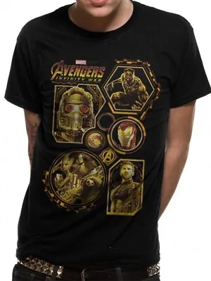 Avengers Infinity War Block Characters Black Gold T Shirt Marvel Iron Man XL • £7.95