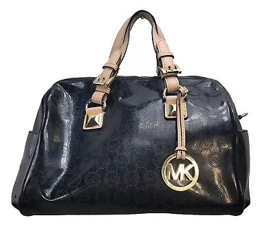 Michael Kors Grayson Mirror Black Metallic Monogram Bag Purse Satchel With Charm • $71.99