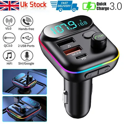 Car Wireless 5.0 Bluetooth FM Transmitter MP3 USB TYPE - C PD Charger Adapter UK • £13.99