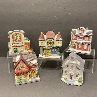 $34.95 • Buy Vintage 5 Pcs Small Christmas Village House School Church Bakery Porcelain 