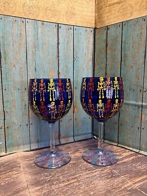 Hand Painted Cobalt Blue Wine Glass 12oz With Colorful Skeletons Halloween • $28