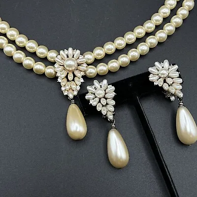 Vintage Faux Pearl & Rhinestones Pendant Double Strand Necklace Earrings Set • $20