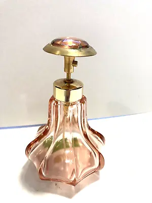Vintage Perfume Bottle Pink With Gold Metal Pump Sprayer Jewel Top - Art Deco • $37.50