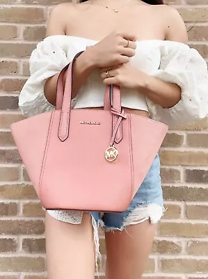 Michael Kors Pink Sunset Rose Small Portia Suede Leather Tote Bucket Bag • $99