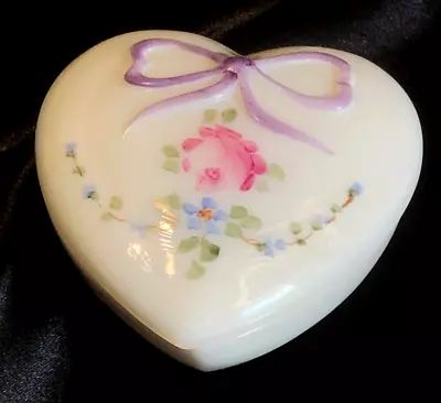 Vintage Westmoreland Milk Glass Heart Shaped Trinket Box Bows & Roses Marked • $17.50