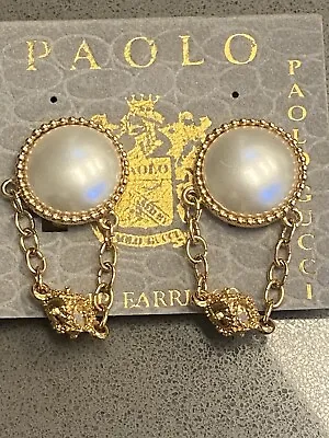 VINTAGE 1980’s PAOLO GUCCI Dangle  CLIP ON EARRINGS Couture Faux Pearls Chains • $60