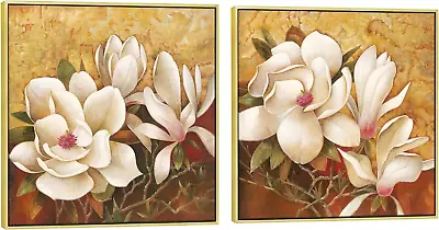 Large Gold Framed Magnolia Flowers 2 Panels Floral Canvas Prints Brown Pictures  • $142.63