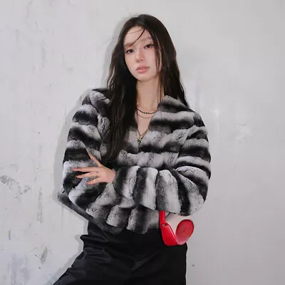 Women Real Rex Rabbit Fur Coats Young Short Jackets Winter V-neck Parka Outwear • $427.93