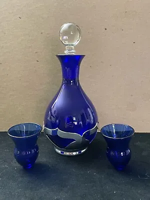Vintage Farber Bros Blue Cobalt Chrome Decanter Two Shot Glasses And Stopper • $104.95