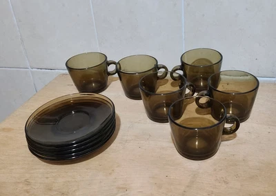 £21 • Buy Vereco Set Smoked Glass Coffee 6 Cups & 5 Saucers Excellent 1970s Retro French