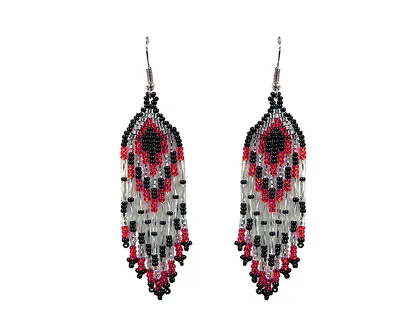 Long Multicolored Seed Beaded Fringe Dangle Earrings Handmade Boho Art Jewelry • $13.99