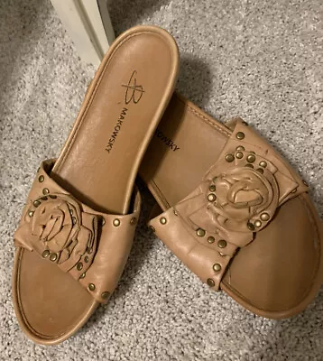 $175 B. MAKOWSKY Tan Buttery Leather Rosette Grommet Slides Flat Sandals 8 • $49