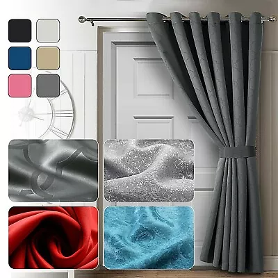 £18.99 • Buy Heavy Thick Thermal Blackout Ready Made Eyelet Ring Top Door Curtain + Tie Backs