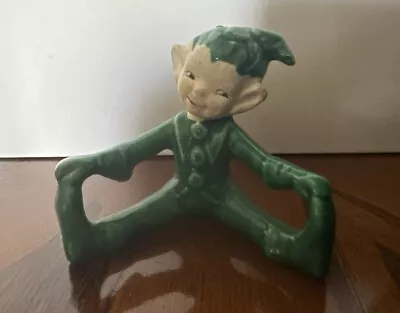 Vintage Mid-Century GILNER CA Green Sitting Pixie Elf Ceramic Figurine • $14.99