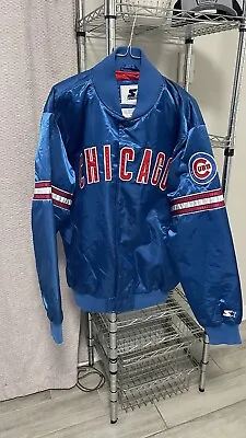 VINTAGE Chicago Cubs Starter Jacket Mens L Blue Baseball Satin Lined Spellout • $68
