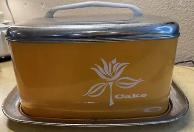 $19.10 • Buy Vintage Cake Carrier Cover & Tray MCM Square Chrome Orange + White Flower